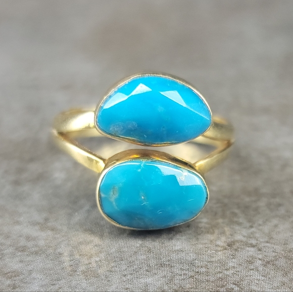 Native Jewelry - 14k Yellow Gold Plated Ring Size 7 Sterling Silver Native Turquoise Gemstone